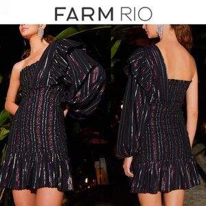 FARM RIO Lurex Stripes One-shoulder Mini Dress in Black M